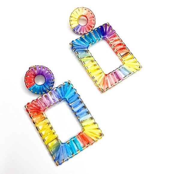 Rainbow Raffia Rectangle Earrings - Picture 2 of 2
